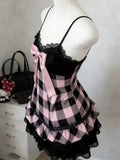 Purpdrank  Summer Japanese Kawaii Sweet Mini Dress Women Plaid Strapless Lace Trim Elegant Sexy Dress Female Korean Chic Popular Clothes