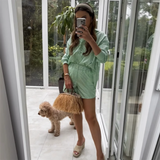 Purpdrank  autumn new women's clothing fashion temperament slim fit commuting versatile striped printed shirt top shorts set