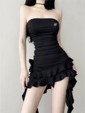 Summer Black Korean Fashion Sexy Dress Women Backless Designer Party Dress Female Ruffle Flounce Casual Vintage Dress New