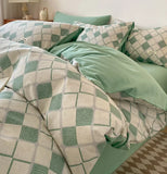 Purpdrank  4Pcs Grid Printed Fitted Sheet Bedclothes Cotton Double-Sided Mix Color Soft Quilt Cover Single Double Comfort Set for Adults