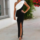 Purpdrank  Summer Women Fashion Commuting Dresses Sexy One Shoulder Clashing Color Long Dress Elegant Hight Waist Slim Fit Party Dress