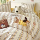 Purpdrank  Cute Cartoon Embroidery Stripe Bedding Set Washed Cotton Soft Four Piece Sets Pillowcase Duvet Cover Set 200x230cm Home Textiles