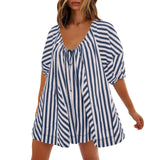 Purpdrank  Summer New Womens Fashionable Deep V-neck Tie Up Short Sleeved Striped Printed Jumpsuit Shorts Loose Casual Wide Leg Capris