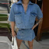 Purpdrank  Casual Solid Pocket Commuting Outfits Summer Women's V Neck Top with Shorts Two Piece Vintage Street High Waist Denim Suit