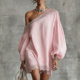 Purpdrank  Casual Loose Long Sleeve Mini Dress Women Summer Fashion One Shoulder Pink Lace Short Dresses Elegant