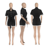 Purpdrank  Streetwear Turnn-down Collar Short Sleeve Casual Jumpsuit Women High Waist Button One Piece Playsuit Womens Romper with Sashes
