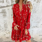 Purpdrank  Gold Bronzing Geometry Print Pleated Dresses Women Spring V Neck Button Hollow A-Line Dress Autumn Flare Sleeve Lace Party Dress