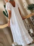 Purpdrank  Women's Casual White Swing Party Dresses YK2 Ladies Elegant O-neck Hollow Long Dress Vestidos Summer Loose Short Sleeve Dress