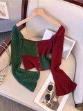Purpdrank  Y2k Aesthetic Contrast Color Square Collar Cardigan Autumn Patchwork Hollow Out Knitted Pull Femme Harajuku Grunge Cropped Tops