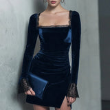 Purpdrank  Elegant Dresses Woman Sexy Hollow Square Collar Spliced Lace Velvet Dress New Autumn Long Sleeve Lady A-Line Mini Dress Vestidos