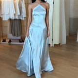 Purpdrank   Casual Halter Hollow Slim Wedding Dress Fashion Backless Summer Long Dresses Satin Off Shoulder High Waist Formal Occasion Dress