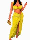 Purpdrank  Yellow Sexy Ruched Two Piece Women Strapless Cropped Top And Pleated Split Long Skirt Matching Sets 2025 Fashion Summer Outfits