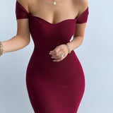 Purpdrank  Sexy Women Solid Square Collar Bodycon Dress Summer Short Sleeve Long Ribbed Dress Elegant Party Club Overalls