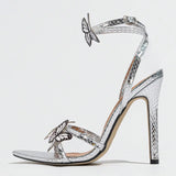 Purpdrank  Fashion Butterfly Ankle Strap Woman Sandals Cozy Leather Narrow Band Open Toe Silver High Heels Wedding Banquet Shoe Women