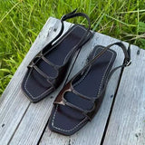Purpdrank  Retro Square Toe Buckle Flat Sandals Women Fashion Sewing Slingback Brand Designer Shoes Summer Non-slip Roman Style Beach Shoes