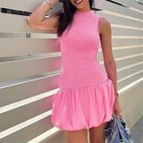 Purpdrank  Bubble Dress Women Summer Solid Color Round Neck Sleeveless Ribbed Mini Dress y2k Clothes Going Out Party Dresses
