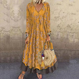 Purpdrank  V-neck Seven Quarter Sleeve Vintage Print Fake Two Pieces Women's Dress Fake Two Pieces
