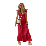Purpdrank  Casual Loose Summer Vacation V-neck Short Sleeve Dress High Waist Long Skirt Women's Fashionable New Style Polyester Fabric