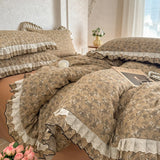 Purpdrank  3/4Pcs Korean Floral Lace Ruffles 100% Cotton Bedding Set Single Queen king Duvet Cover Set Flat/Fitted Bed Sheet Pillowcases