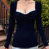 Purpdrank  Cottage Grunge Lace Trim T-shirt 90s Aesthetic Vintage Long Sleeve Pullovers Women Autumn Square Collar Slim Fit Tees Shirt