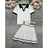 Purpdrank  Summer 2 pieces Knitted Women's Sets Polo Collar Short Sleeve Tops and Pleated Sexy Mini Skirts Outfits Suit for Female