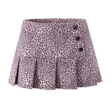 Purpdrank  Y2K Leopard 3 Buttons Low Waist Pleated Mini Skirt American Retro Short Skater Skirts With Shorts lining Pink Coffee