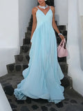 Purpdrank   Summer New Women Commute Robes Luxury V-neck Sleeveless Halter Evening Dress Elegant Pure Color High Waist Ruffles