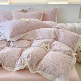 Purpdrank  Princess Style Bedding Sets Ruffle Lace Bow Quilt Cover Romantic Print Bedclothes Home Bedroom Decor Woman Girl Duvet Cover 4pcs