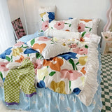 Purpdrank  Korean Ins Rose Pastoral Lace Quilt Cover Washed Cotton Princess Bedding Sets Bed Skirt Ruffles Pillowcase Woman Duvet Cover