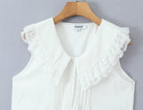 Purpdrank  Sweet White Spliced Lace open Buttons Peter Pan Collar Mini Sleeveless Dress Women Wood ears Hem Loose Straight Short Vestidos