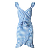 Purpdrank  Plaid Lace Up Bodycon Dress Women Ruffles Summer Dress Off Shoulder V Neck Backless Irregular Bow Tie Dresses