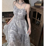 Purpdrank  Sleeveless Printed Camisole dress Summer Casual Long Princess Dress Slim Ruffles Women Party Dress Vacation
