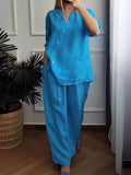 Purpdrank  Summer Fashion New Women's Elegant Cotton and Hemp Two Piece Set V-neck Loose Top Wide Leg Pants Commuter Set