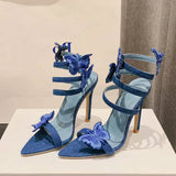 Purpdrank  High Quality Embroidery Butterfly Ankle Strap Sandals Women Sexy Pointed Toe Gladiator Heels Summer Party Dress Shoes Blue