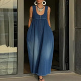Purpdrank  Fashion Simple Button Pleated Vest Dress Summer Casual Pocket Solid Color Long Dress 2026 Women Elegant U-neck Loose Party Dress