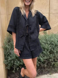 Purpdrank  Summer Holiday 2 Piece Set Women Loose Patchwork Shorts Solid Hollow Out Bandage Shirt Sets Fashion Lady Elastic Waist Suit
