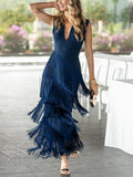 Purpdrank  New Tassel High Waisted Prom Gown Elegant Women Banquet Hollow Out Dress Sexy Sleeveless V Neck Temperament Swing Long Dresses