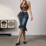 Purpdrank  Denim Skirt High-waisted Ruffles Spice Girls Women's High Stretch Fishtail Skirt Hip Wrap High Waist Vintage Denim Half Skirt