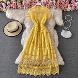 Purpdrank  Vintage Yellow Lace Dress for Women Holiday Party O-neck Elegance Vestidos Patchwork Luxury Design Womens Clothing Streetwear