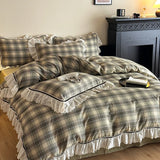 Purpdrank  Vintage Lace Ruffles Striped Plaid Floral Bedding Set Pure Cotton Double Layer Crinkle Yarn Duvet Cover Bed Sheet Pillowcases