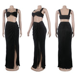 Purpdrank  Yellow Sexy Ruched Two Piece Women Strapless Cropped Top And Pleated Split Long Skirt Matching Sets 2025 Fashion Summer Outfits