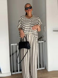 Purpdrank  Loose Striped Set 2 Piece Woman Loose Round Neck Short Batwing Sleeve Pullover High Waist Long Trousers Casual Lady Suit Summer