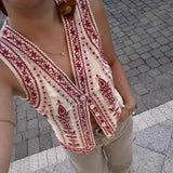Purpdrank  Vintage V Neck Vest Jacket For Women Ethnic Floral Embroidered Spring Summer Jackets Crop Tops Boho Beach Vestes Coats