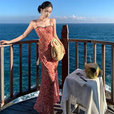 Purpdrank  Slightly Tipsy Rum Lace Color-Block Floral Strap Long Dress for Women Summer Slim Fit