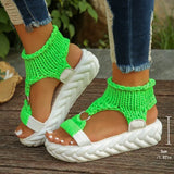 Purpdrank  Sandals Women Braided Geometric Wedge Knitted Elastic Summer Shoes Mesh Flat Sandals Hollow Out Female Sandals Mujer