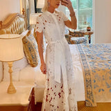 Purpdrank  Elegant Summer Women Bohemian Dress Chic New Short Sleeve Single Breasted Hollow Out Floral Lace Vacation Long Dress