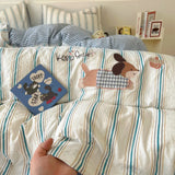 Purpdrank  Cute Cartoon Embroidery Stripe Bedding Set Washed Cotton Soft Four Piece Sets Pillowcase Duvet Cover Set 200x230cm Home Textiles