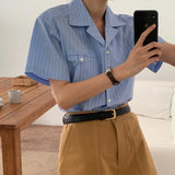 Purpdrank  Summer Vintage Polo Collar Women's Blouses Pockets 2025 New Single Breasted Short Sleeve Casual Loose Shirts Tops Female