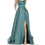Purpdrank  women's Satin Prom Dresses Spaghetti Straps Backless Long Dress with High Slit Mermaid Formal Party Gown with Pocket Vestido