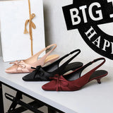 Purpdrank  French Banquet Silk Bow Thin Heel Shallow Mouth Single Shoes Women Pointed Toe Low Heels Back Empty Trip Strap Women's Shoes